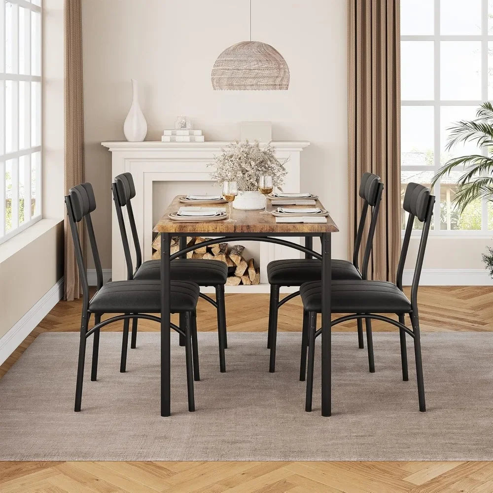 4 Person Dining Table Set with Cushioned Chairs, Kitchen Dining Table Set, Metal and Wood Rectangular Dining Table