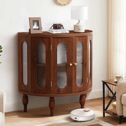 31 Inch Sideboard Buffer Cabinet with Storage, Semi-Circular Modern Storage Cabinet, Wood Finish and Acrylic Door