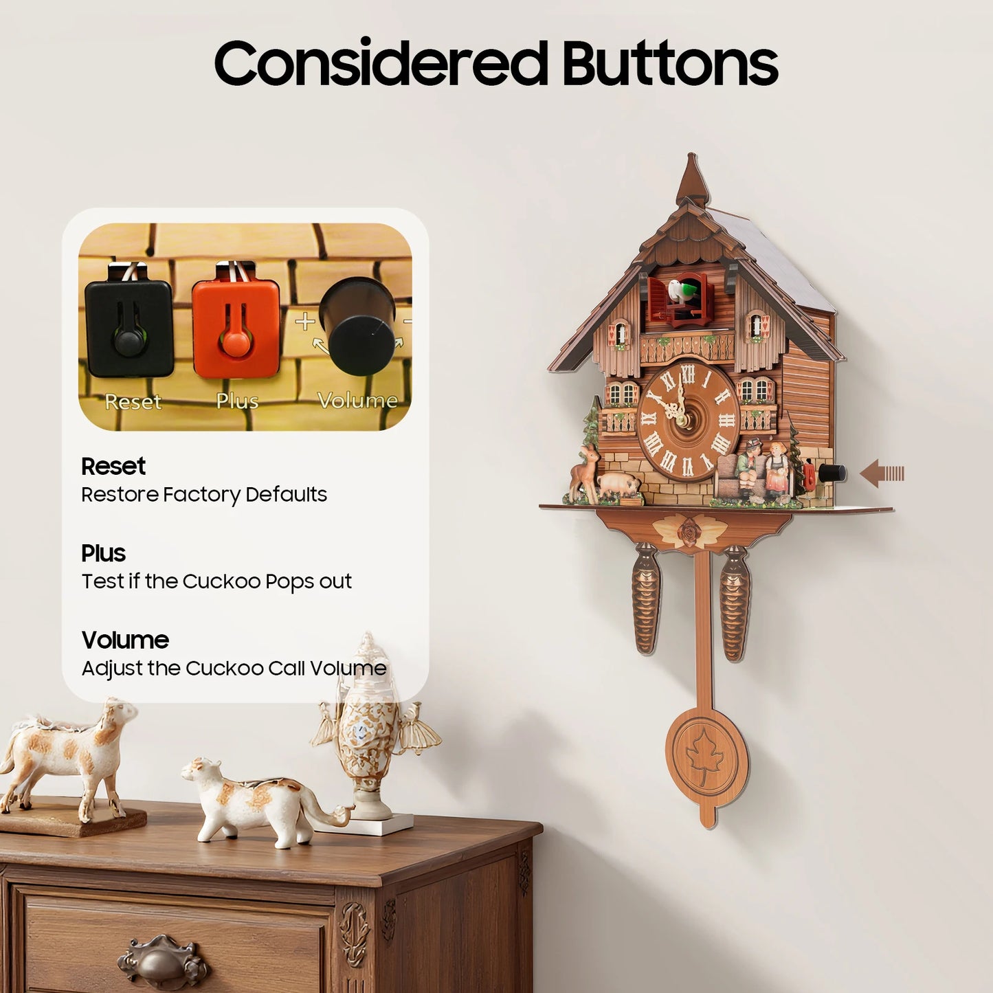 German Style Cuckoo Clock with Bird Chime Battery Operated Wall Mounted Decorative Clock for Home Living Room Bedroom Decor