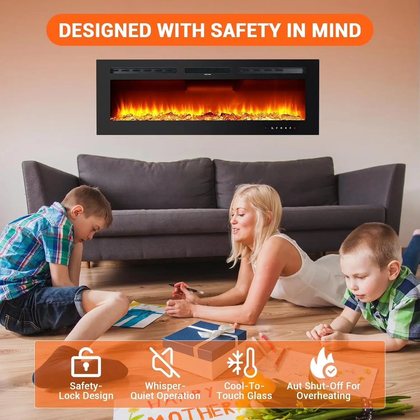 30/40/50/60/72 Inch Electric Fireplace Wall Mounted & Recessed With Remote Control Timer Adjustable Flame Color Brightness