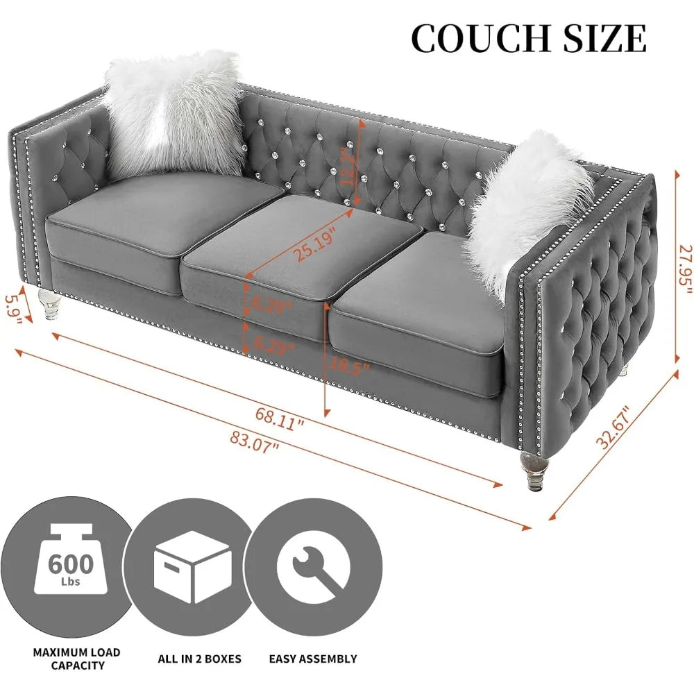 83" Chesterfield Sofa, Velvet Mid-Century Modern Upholstered Couch with 2 Throw Pillows and Acrylic Legs, Nailhead Button Tufted