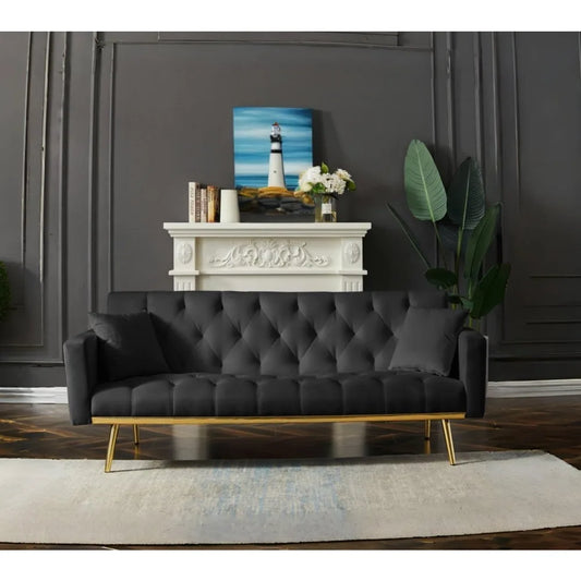 73" Modern Velvet Sofa Bed Futon,Convertible Sleeper Sofa Couch with 3 Angle Adjustable Backrest, Modern Loveseat with 4 Golden