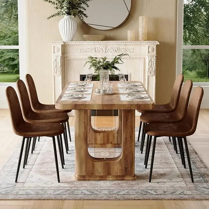 64.5" Dining Room Table Set for 6, Modern Farmhouse Wood Dining Table Set with Decorative Pedestal Legs & 6 Cushioned Chairs