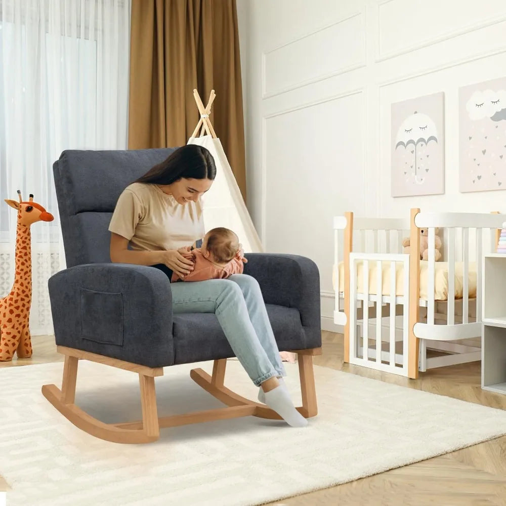 Contemporary Upholstered Glider Rocking Chair for Nurseries with High Backrest Support for Moms