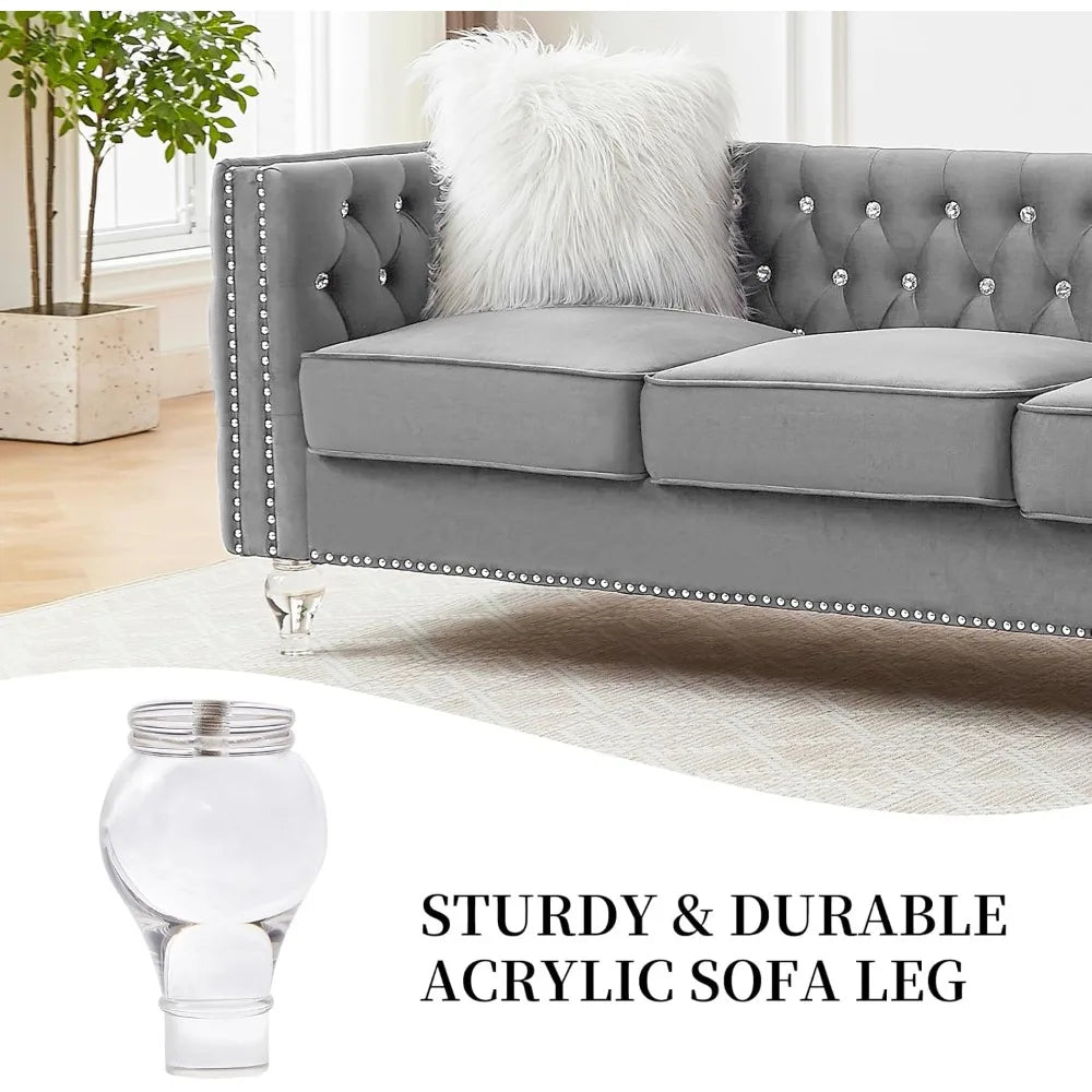 83" Chesterfield Sofa, Velvet Mid-Century Modern Upholstered Couch with 2 Throw Pillows and Acrylic Legs, Nailhead Button Tufted