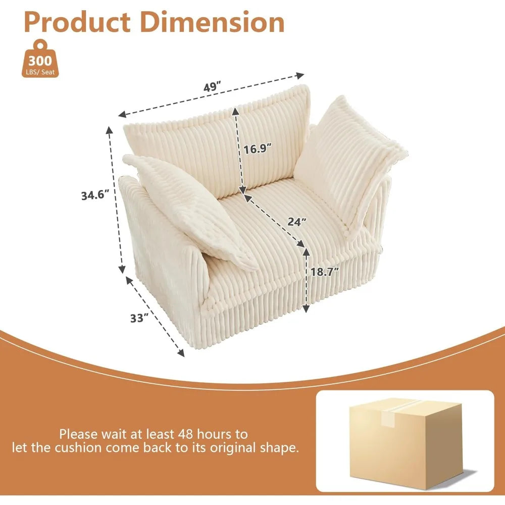 Oversized Modular Sectional Sofa Chair, 49” Corduroy Fabric Single Armchair Comfy Deep Seat Couch Sofa with Big Toss Pill