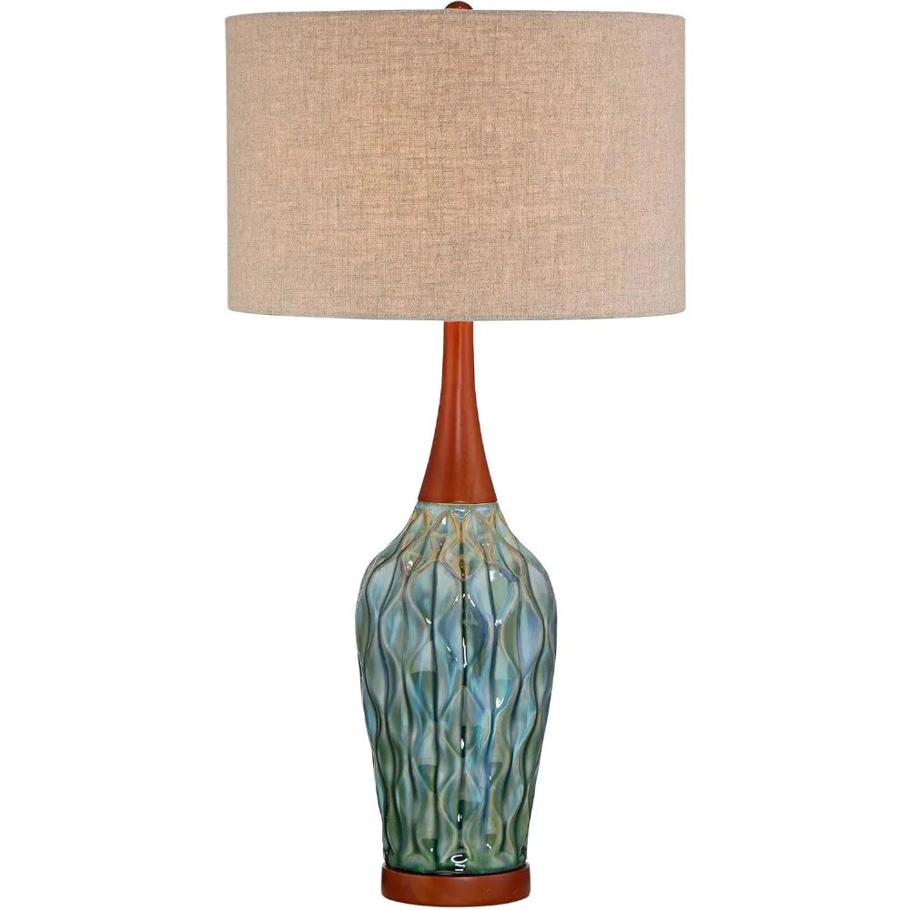 360 Lighting Rocco Mid Century Modern Table Lamp 30" Tall Ceramic Blue Teal Glaze Wood Handmade Linen Drum Shade Decor for Livin