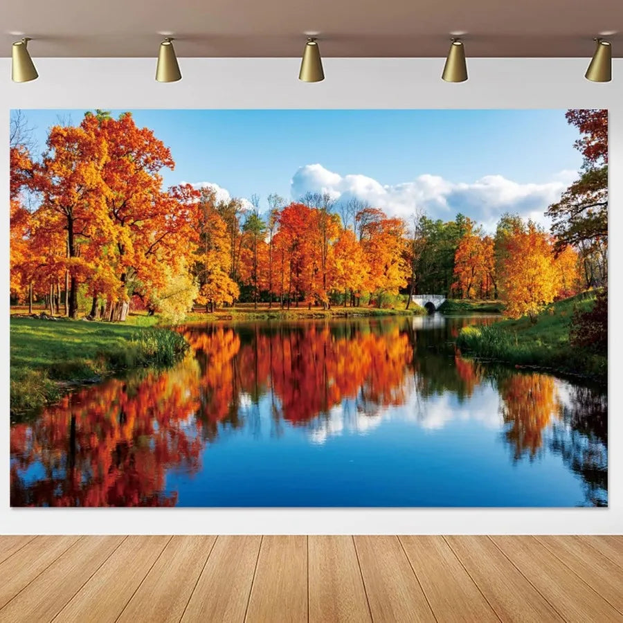 Yeele 10x8ft Natural Lake Scenery Backdrop Autumn Golden Tree Blue River Outdoor Landscape Photography Background Countryside V
