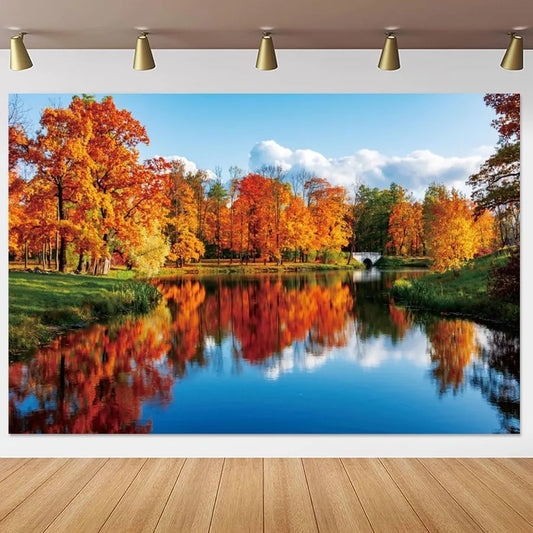Yeele 10x8ft Natural Lake Scenery Backdrop Autumn Golden Tree Blue River Outdoor Landscape Photography Background Countryside V