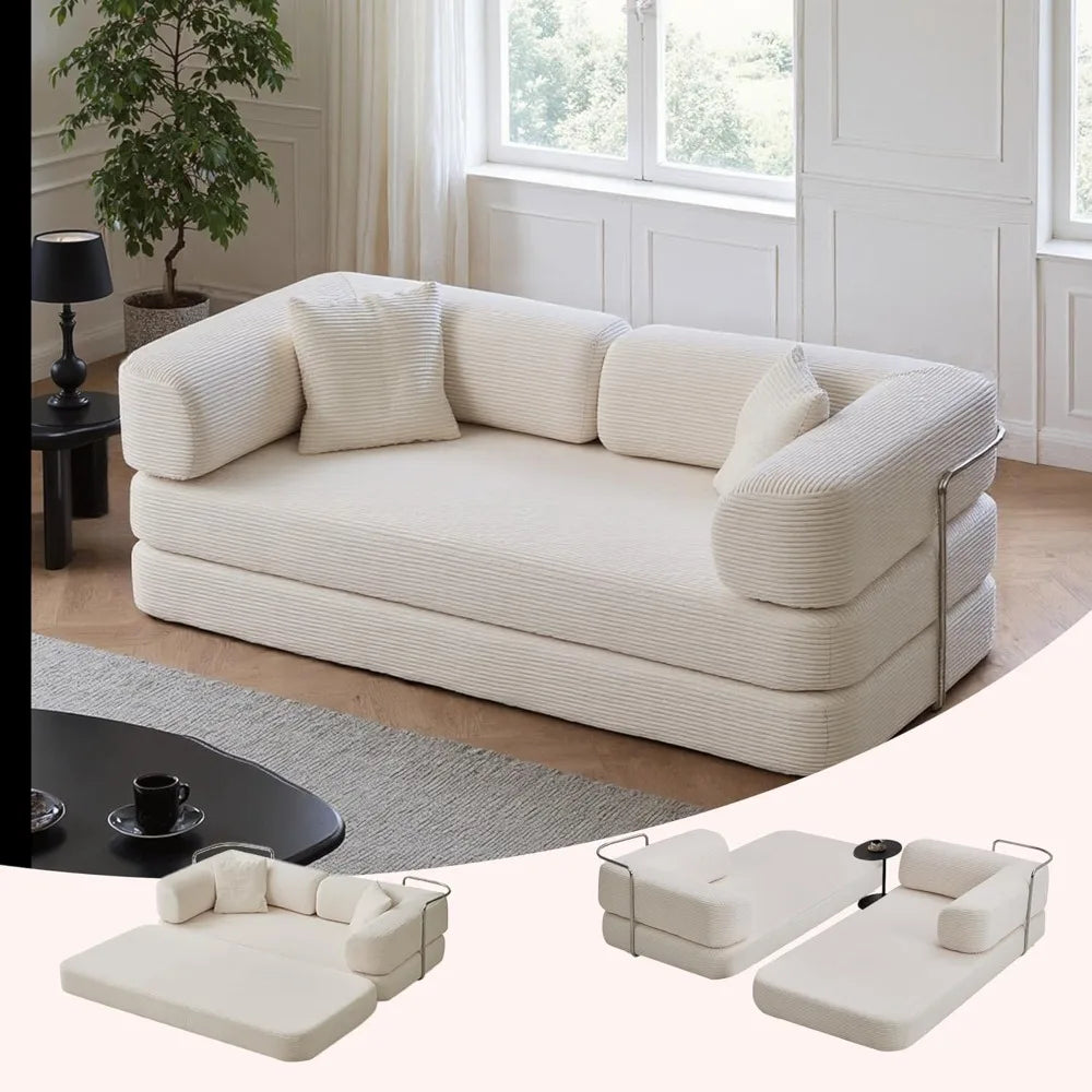 Sleeper Sofa Bed,4-in-1 Convertible Folding Boneless Couch,Foldable Love Seat with Blanket Pillow Corduroy Floor Futon Couch