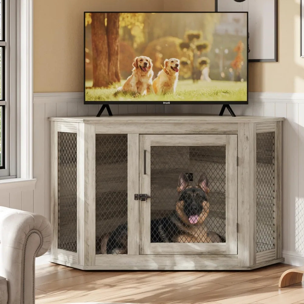 52 inch Corner Dog Crate Furniture, Wooden Dog Kennel Furniture with Mesh, Decorative Wood Dog House for Small/Medium/Large