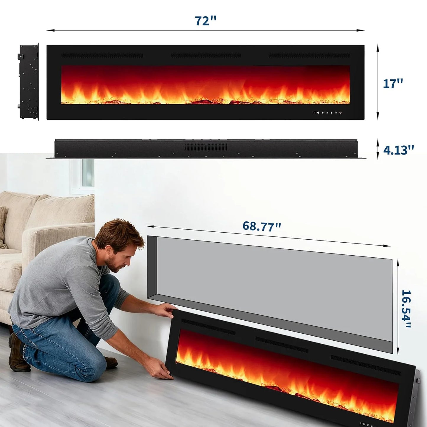 30/40/50/60/72 Inch Electric Fireplace Wall Mounted & Recessed With Remote Control Timer Adjustable Flame Color Brightness