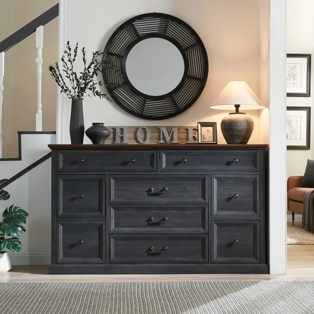 Farmhouse Buffet Cabinet, 60" Storage Cabinet w/9 Drawers, Large Wood Rustic Sideboard Cabinet w/Three Drawer Sizes