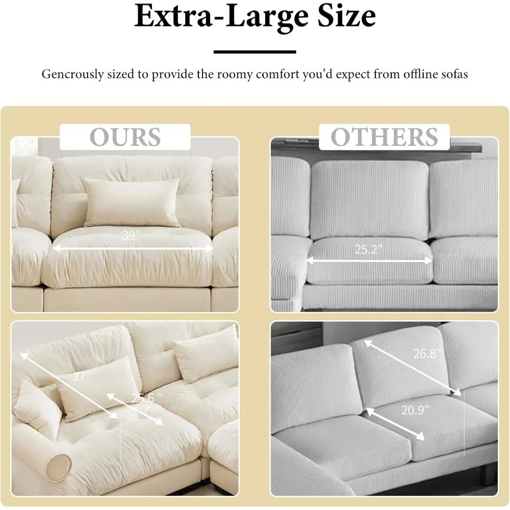 130"Oversized Couch, 3 Seater Modular Sectional Sofa,Large L Shaped Sectional Couches for Living Room, Fluffy Couch Set,3 Seater