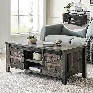 48" Farmhouse Lift Top Coffee Table with Sliding Barn Door,Rustic Center Table with Hidden Storage Compartment,Lifting Tabletop