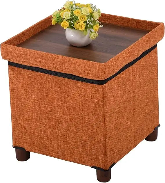 15 Inch Fabric Storage Ottoman with Wooden Legs - Foldable Cube Footrest Stool, Square Comfort Seat with Lid