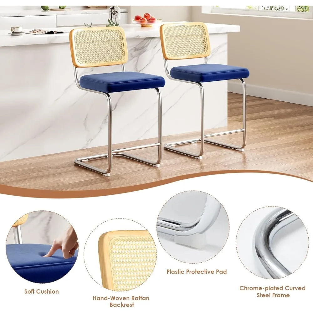 Counter Height Bar Stools Set of 2, Upholstered Velvet Barstools with Rattan Back, 24 inch Stools Armless Bar Chairs