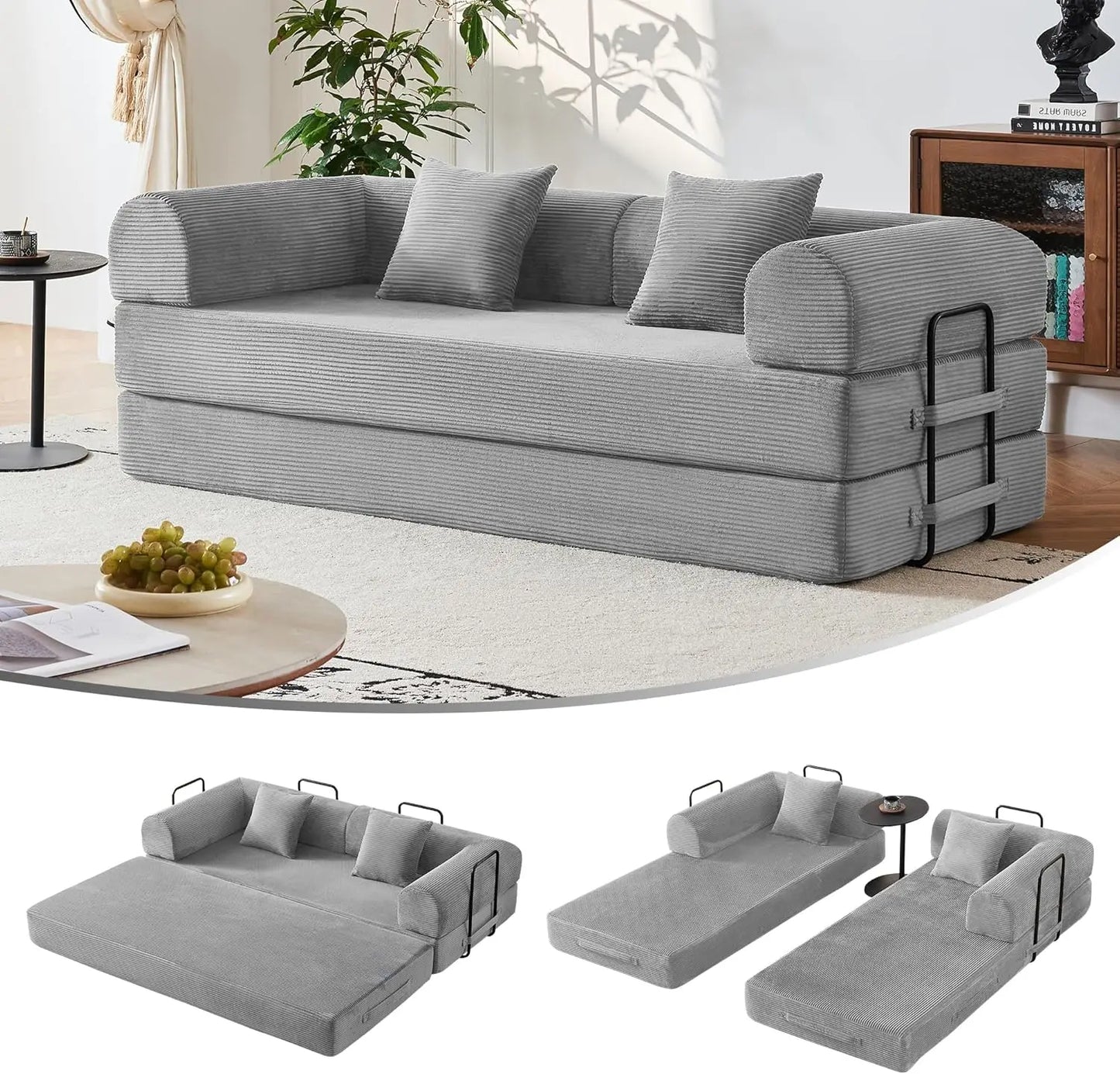 79" Compression Sofa, Convertible Sleeper Sofa Bed, Couch Bed with Fixed-Shape Frame, Corduroy Floor Sofa, Couches for Living Ro