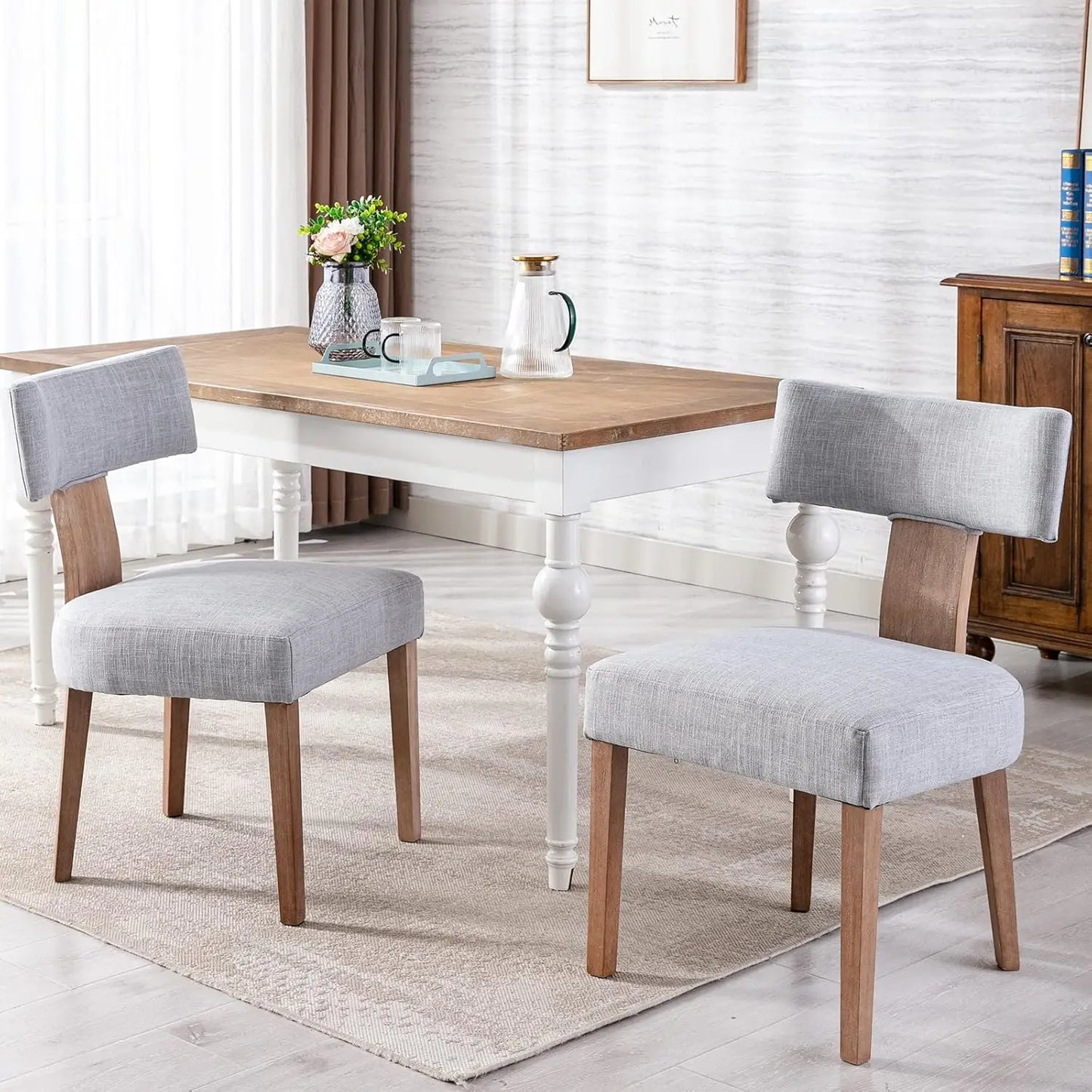 Mid Century Modern Dining Chairs Set of 6, Farmhouse Linen Fabric Upholstered Accent Curved Backrest Kitchen Chairs, with Ha