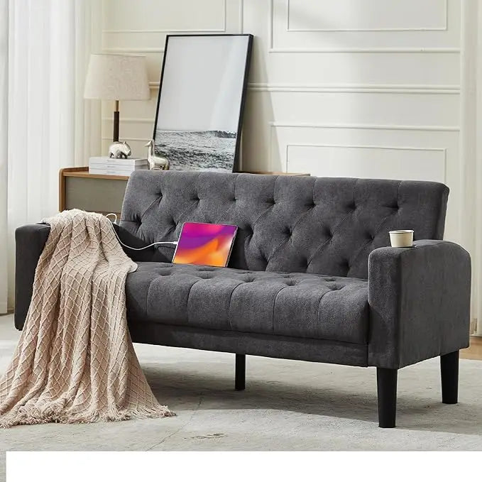 62" W Loveseat Sofa w/ 2 USB Charger Ports and 2 Cupholders, Mid-Century Modern Tufted Pink Velvet Small Love Seat Couches for