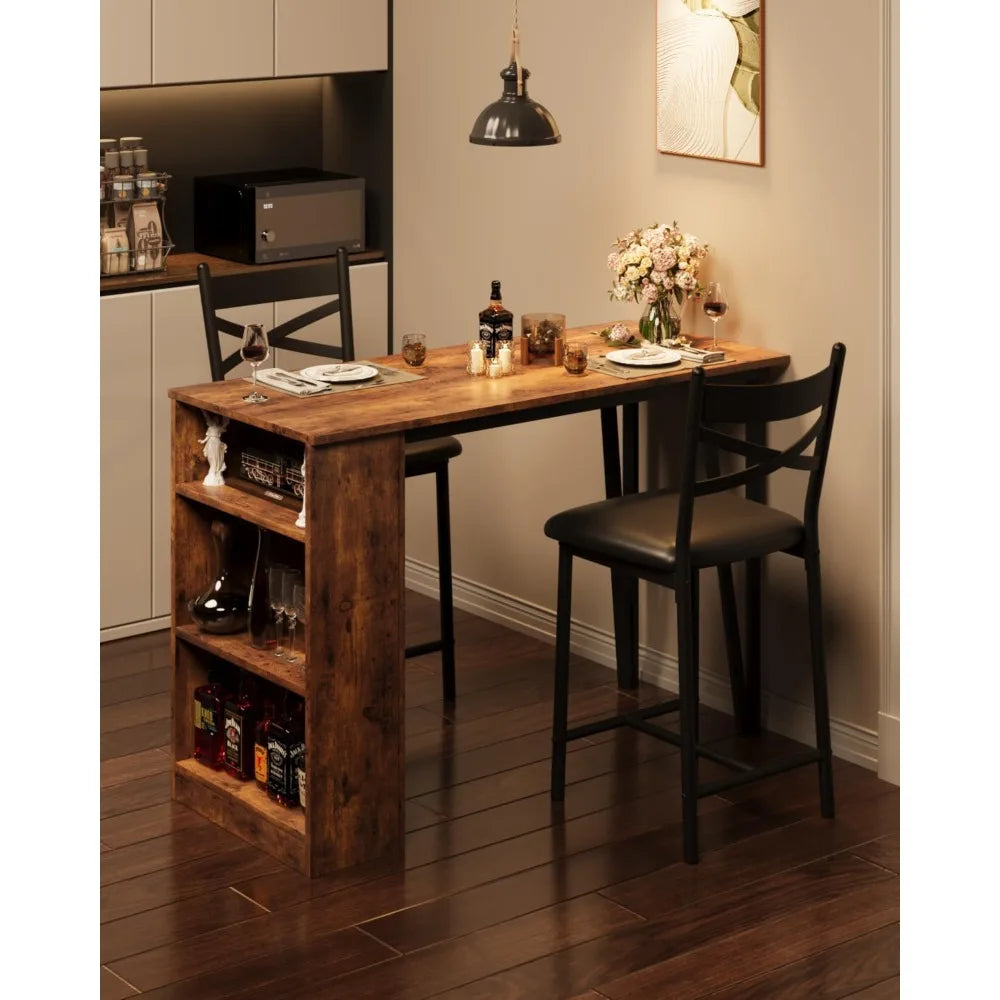 3 Piece Bar Table Set for 2, Bar Table and Chairs Set with with Flip Top Extension, Dining Table Set with Storage Shelves, Suit