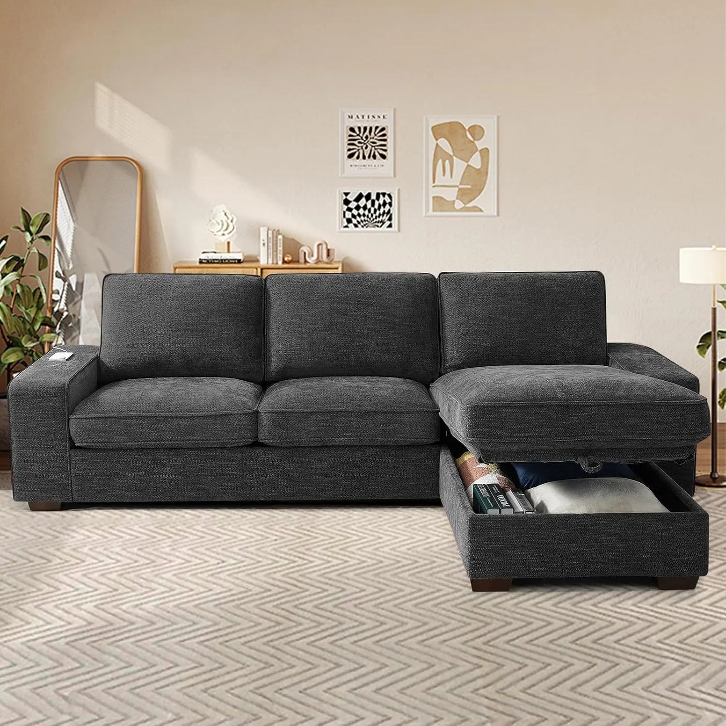Luxury-Style 99” L-Shape Convertible Sectional Couches Sofas with 190L Storage Chaise,Chenilee Sofas with Removable Cushion