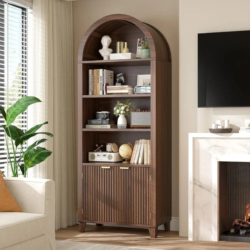 6-Tier Tall Arched Wooden Bookcase with Fluted Doors and Adjustable Shelves for Storage and Display