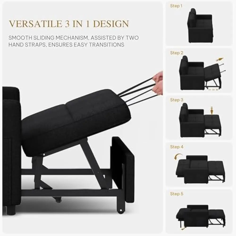 55" Convertible Sofa Bed, 3-in-1 Sleeper Sofa with Pull-Out Bed, Linen Futon Couch with Side Pocket and Adjustable Backrest