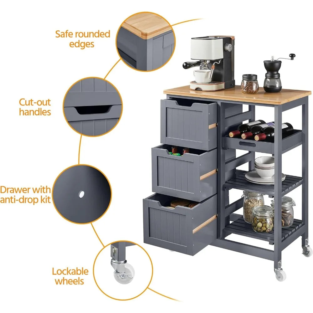 Kitchen Island Cart on Wheels with Storage, Rolling Bar Cart with Solid Wood Top and 3 Drawers, 3 Removable Shelves