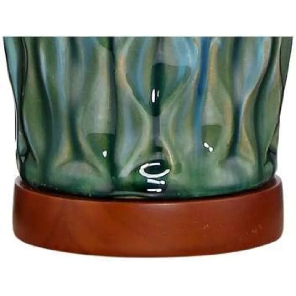 360 Lighting Rocco Mid Century Modern Table Lamp 30" Tall Ceramic Blue Teal Glaze Wood Handmade Linen Drum Shade Decor for Livin