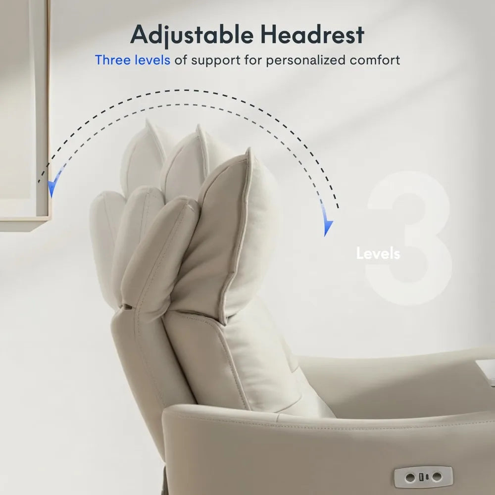 Lune Genuine Leather Power Recliner Chair with Tray Table & Adjustable Headrest, Real Leather Electric Recliner