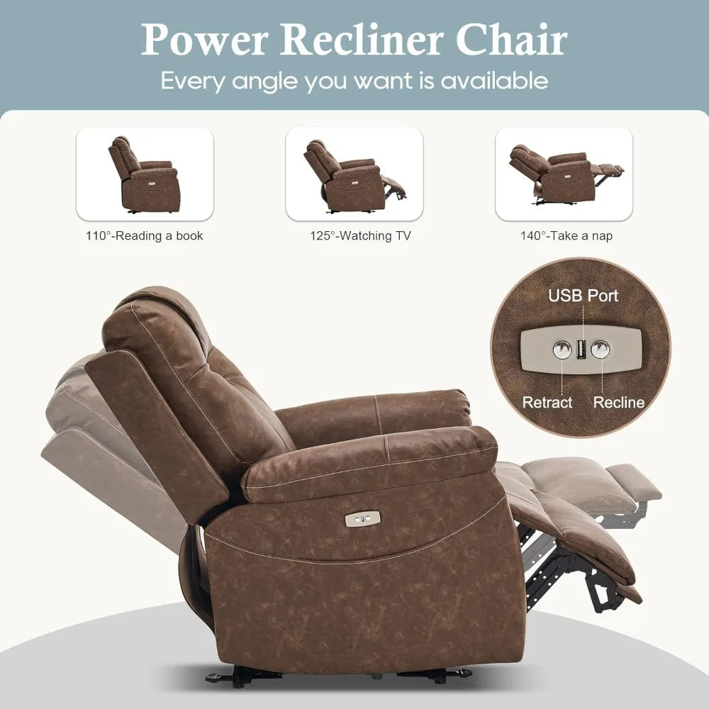 Power Recliner Chair, Wall Hugger Recliner with Massage and Heat, PU Leather Recliner Chair with 2 Side Pockets & USB Ports for