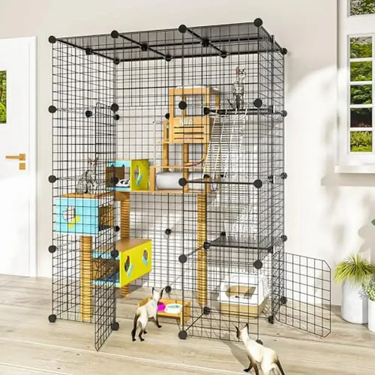 Large Metal Wire Cat Playpen Kennel 1-3 Cats Indoor/Outdoor DIY Detachable Cage Kit Ideal Cat Enclosure with 4 Doors & Rubber