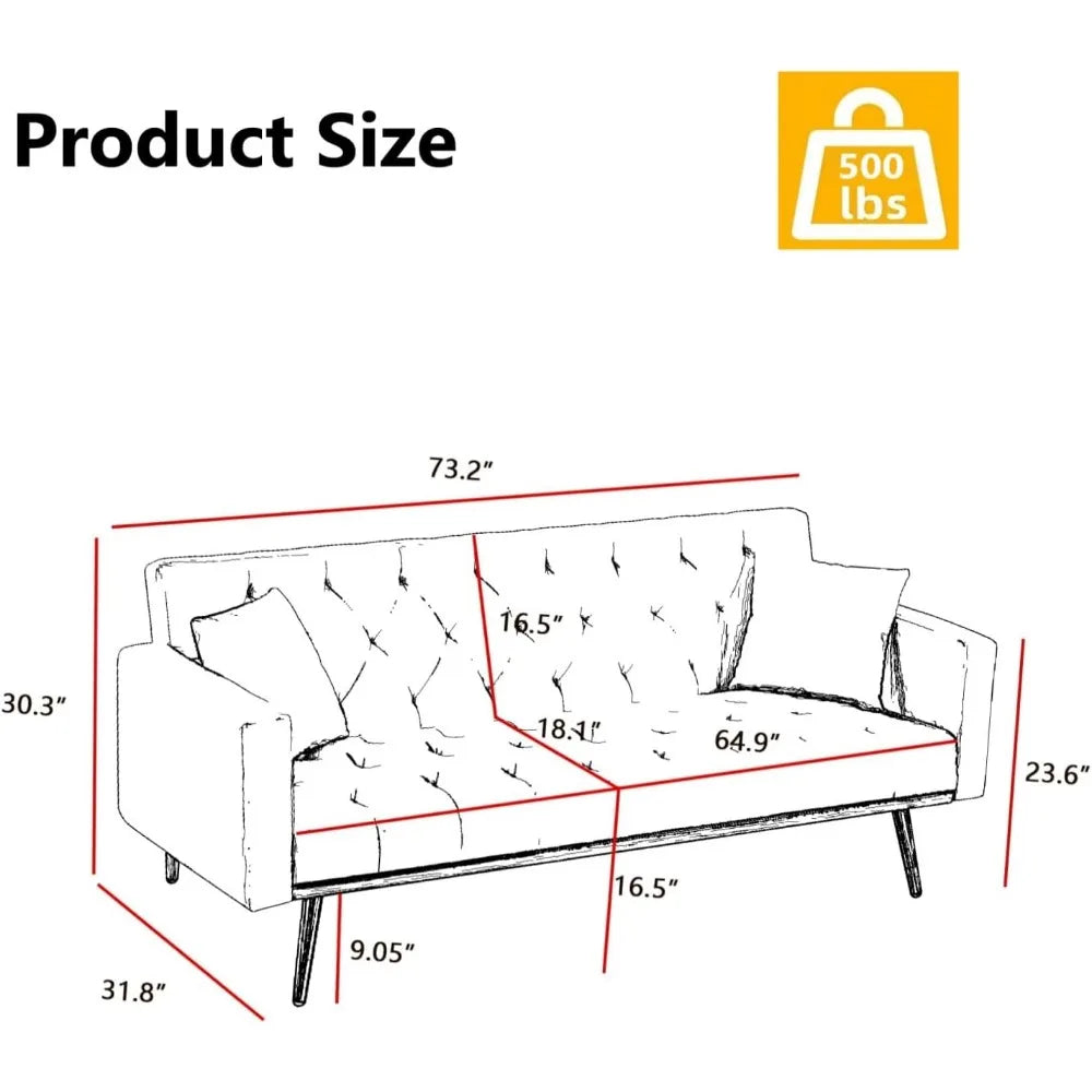 73" Modern Velvet Sofa Bed Futon,Convertible Sleeper Sofa Couch with 3 Angle Adjustable Backrest, Modern Loveseat with 4 Golden