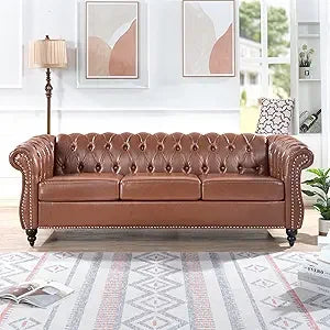 Chesterfield Sofas, 85" PU Couch,Tufted 3 Seats Living Furniture with Rolled Arm Stud Trim and Solid Wood Legs, Mid-Century Sofa