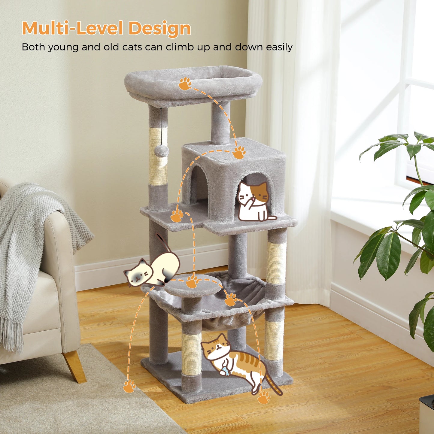Cat Tree for Indoor Cats, 5-Level Cat Tower for Large Cats with Metal Frame Large Hammock Cat Condo with Big Top Perch