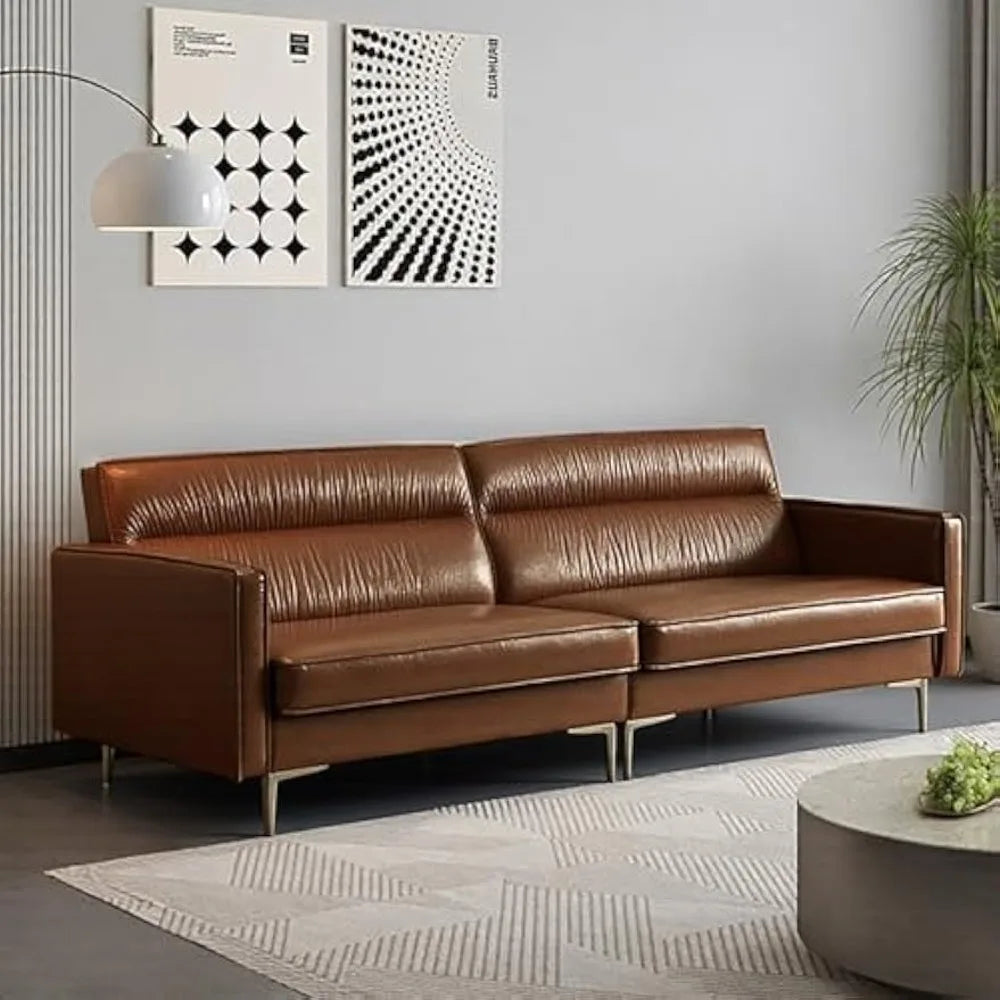 Mid-Century 3-Seater Leather Sofa with Removable Backrest and Cushions, Vintage Modern Lounge Couch for Office, Apartment