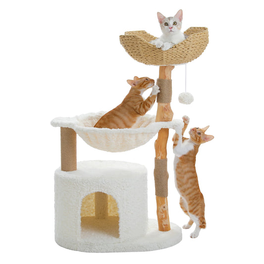 Modern Cat Tree Tower with Natural Solid Wood Scratching Posts Spacious Wicker Basket Luxury Cat Condo Bed for Indoor Cat Toys