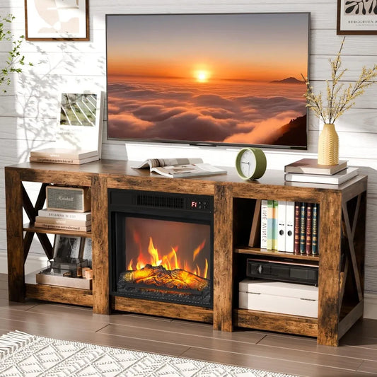 Fireplace TV Stand for up to 70 inch TVs, Farmhouse Entertainment Center with Electric Fireplace Heater & Adjustable Shel