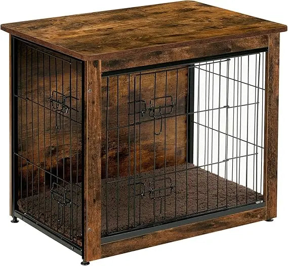 DWANTON Dog Crate Furniture with Cushion, Wooden Kennel Table with Double Doors, Indoor Dog House, Small/Medium/Large/Extra Larg