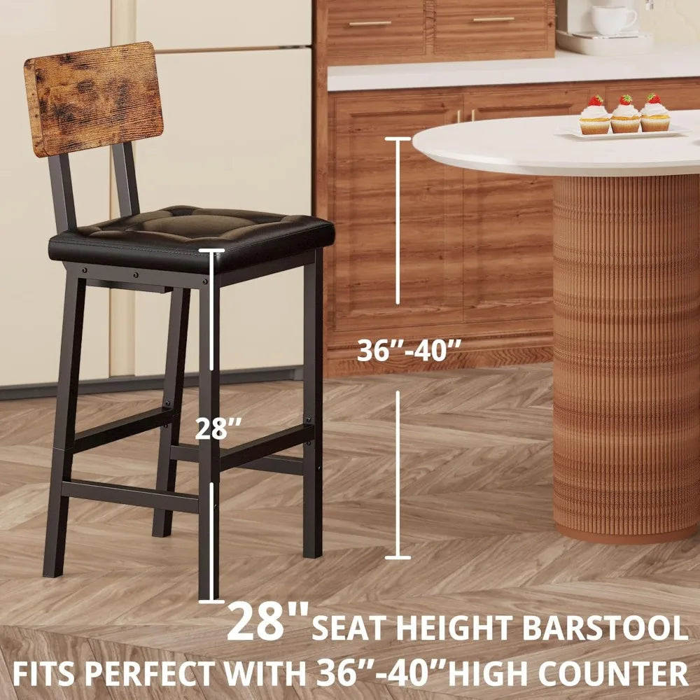 Bar Stools Set of 2, 16.5in Square PU Upholstered Barstools with Back and Footrest, Thick Cushion Stools for Kitchen Island