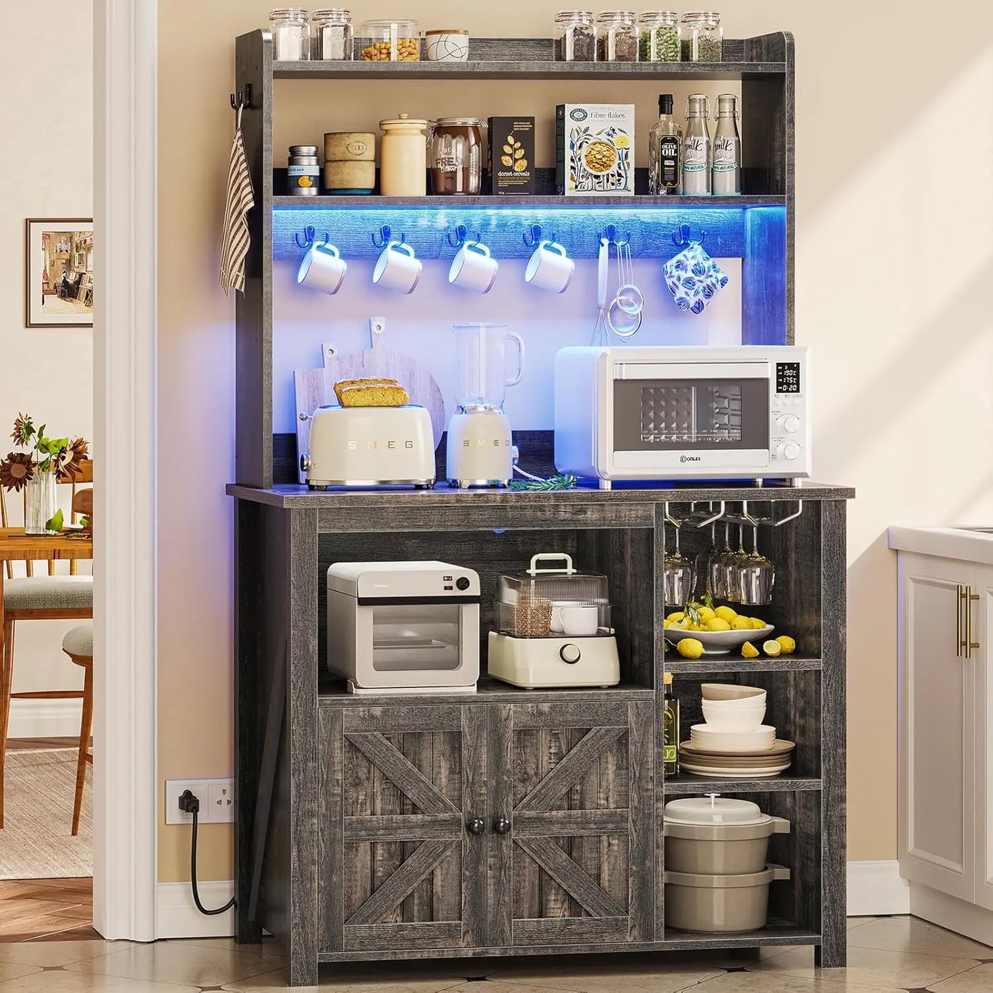 Coffee Bar Cabinet, Bakers Rack with Power Outlet and Storage, Farmhouse Microwave Stand Kitchen Cabinet with Hutch, LED Lights