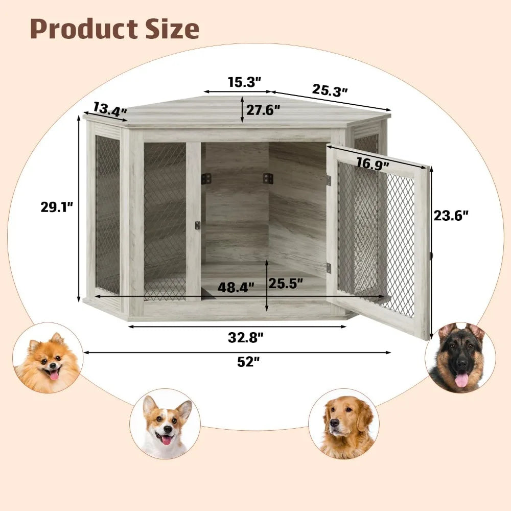 52 inch Corner Dog Crate Furniture, Wooden Dog Kennel Furniture with Mesh, Decorative Wood Dog House for Small/Medium/Large