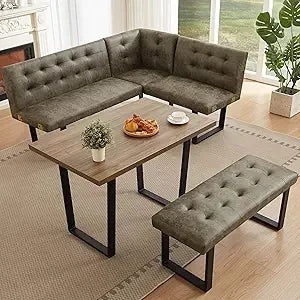 3 Piece Dining Table Set with Bench, 42.9 Inch Modern Kitchen Table with Left Seat Corner and 43.3 Inch Bench for Family Dining