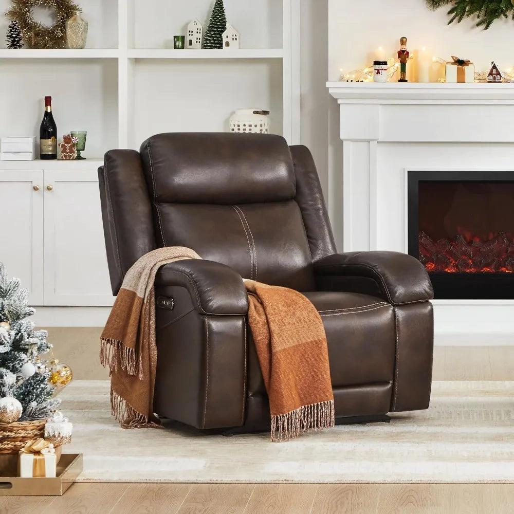 Genuine Leather Power Recliner Chairs for Adults, Wall Hugger RV Recliner with Power Headrest & Charging Ports