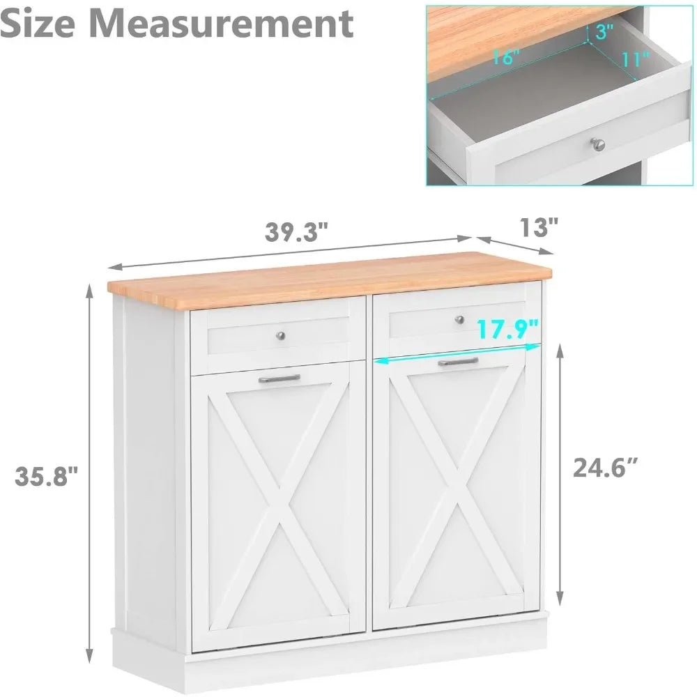 Double Tilt Out Trash Cabinet Can Bin Kitchen 20 Gallon Wooden Free Standing Laundry Sorter,Recycling Cabinet with Hideaway Draw