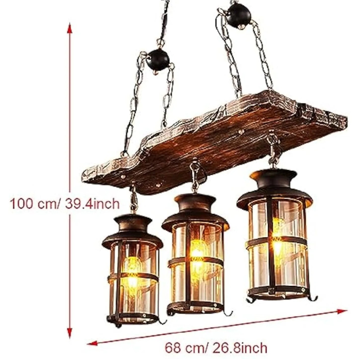 3-Light Rustic Kitchen Island Pendant Lamp Farmhouse Wood Iron Chandelier Industrial Ceiling Hanging Light with Glass Lampshade
