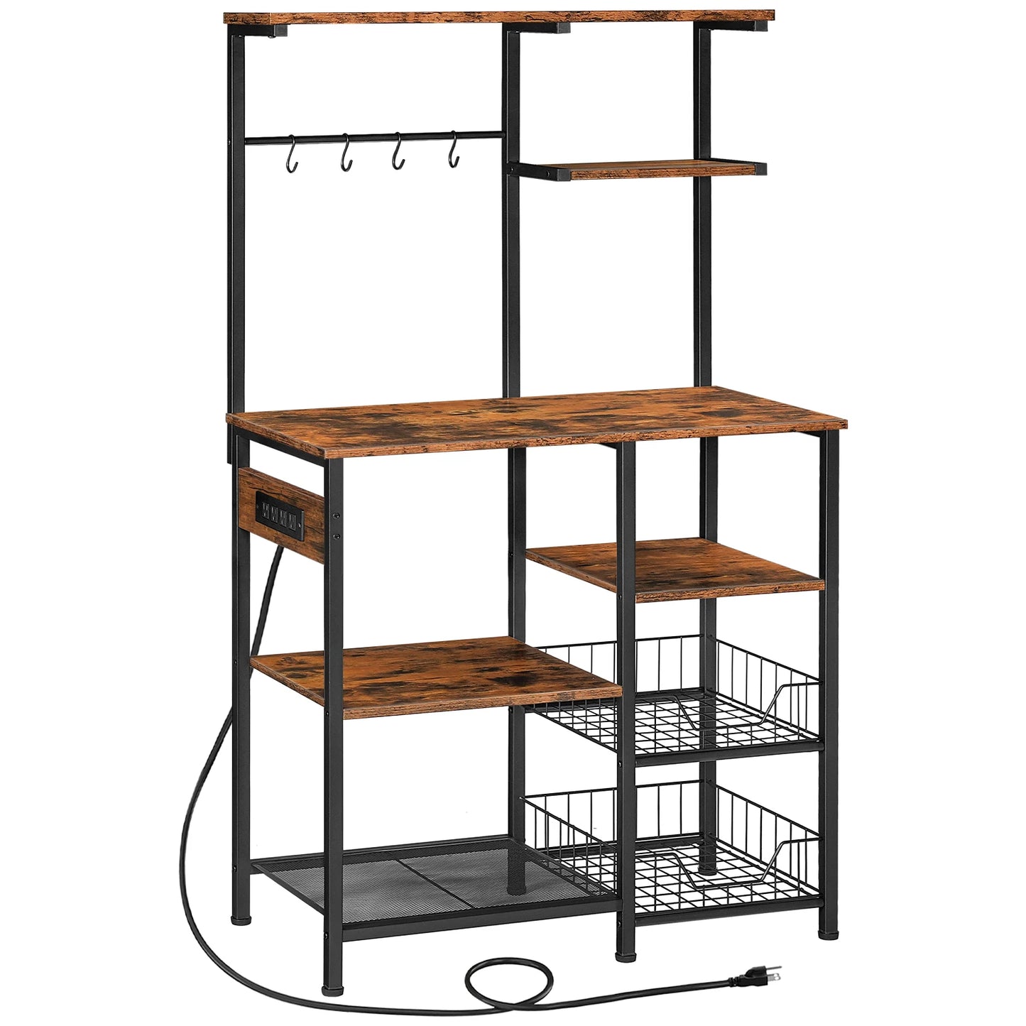HOOBRO Large Bakers Rack with Power Outlets 6-Tier Microwave Stand with 4 Hooks Coffee Bar Rustic Brown and Black
