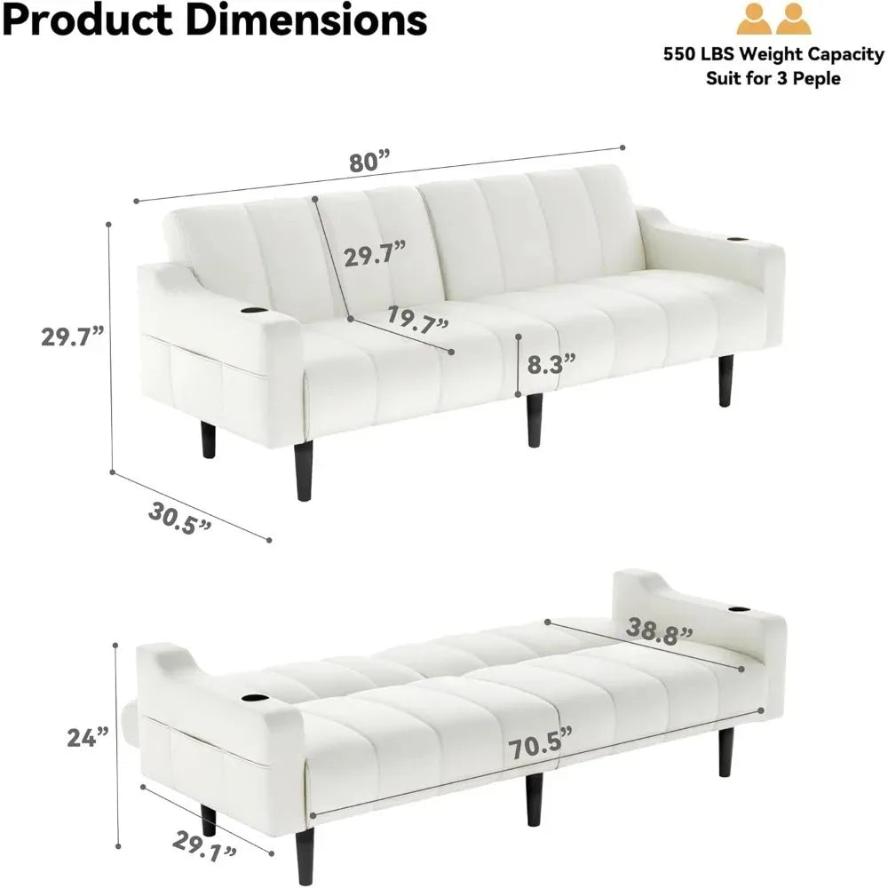 80'' Futon Sofa Bed, Faux Leather Sleeper Couch, Convertible Loveseat with Adjustable Sofa Backrest, Modern Couches for Living