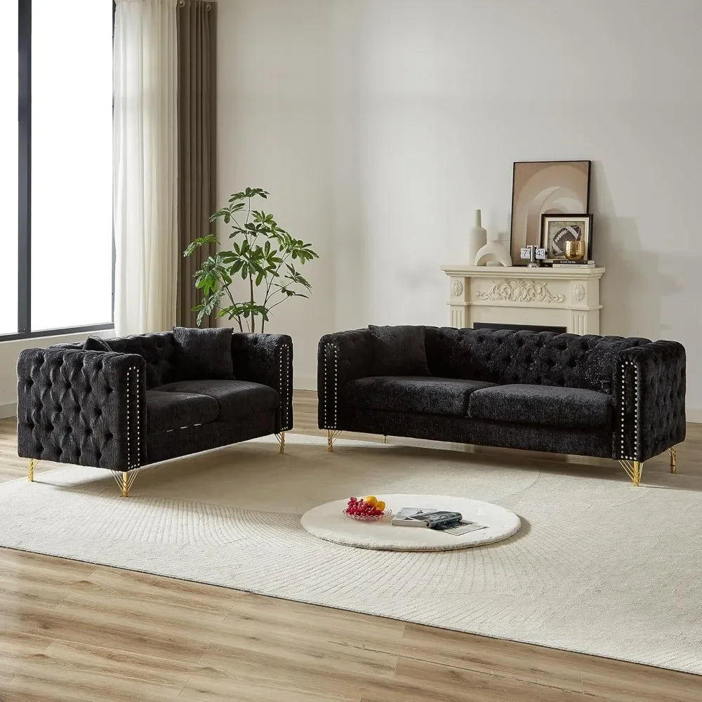 Luxury Sofa Set for Living Room, Modern Decor Furniture Sectional Sofa, 3 Seater Couch and Loveseat with Copper Nail Decoration